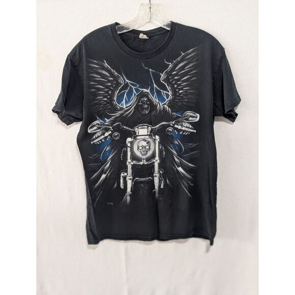 Gildan Other - Vintage Y2K Grim Reaper/Demon on Motorcycle Black T-Shirt Size Medium